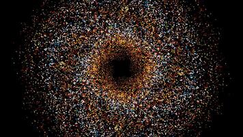 Abstract beatiful relaxing background of orange and red small circles flying and forming a vortex on black background. Animation. Glittering particles resembling space dust, seamless loop. video