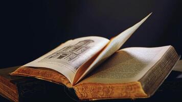 Open old book lying on the table with pages turning by wind. Stock footage. Vintage books, close-up. video