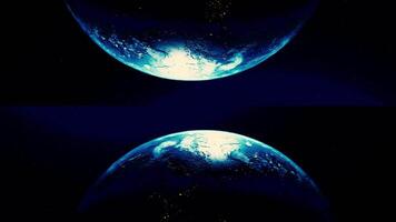 Abstract breathtaking cosmic background with the two halves of planet Earth, seamless loop. Animation. Realistic world globe spinning slowly in outer space. video