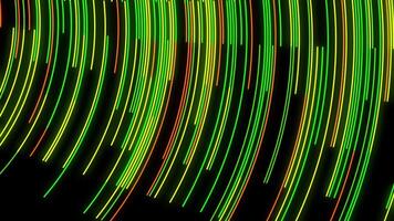 Green neon stream with striped creative texture. Animation. Abstract bending narrow neon lines flowing on black background, seamless loop. video