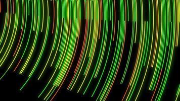 Green neon stream with striped creative texture. Animation. Abstract bending narrow neon lines flowing on black background, seamless loop. video