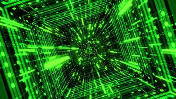 Green sci fi tunnel, abstract futuristic technology concept. Animation. 3D journey through cyberspace on black background with matrix effect, seamless loop. video