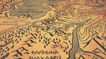 Funny hand-drawn ancient map with animated drawingsAbstract animation of the old vintage fairy map and different locations for game or movie. Stock footage. Cartoon animation video