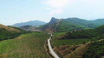 aéreo ver de el la carretera con tráfico Entre el verde granja campos y montañas cubierto con césped en contra el azul cielo en soleado día. disparo. hermosa verano paisaje video