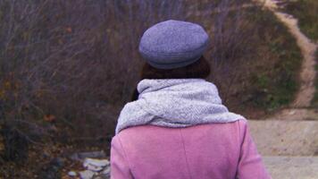 visie van de terug van vrouw wandelen Aan een pad in roze jas, grijs baret en sjaal in herfst bewolkt dag. voorraad filmmateriaal. detailopname, wazig visie video