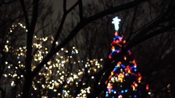 Close-up of tree's branches in the dark with blurred silhouette of Christmas tree with garland of colorful lights on the background. Concept. Beautiful scenery of Christmas holiday video