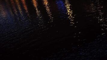 Magic night scenery. Concept. Close-up of pond dark water surface during the night with reflection from city lights. video