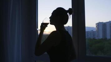 mulher bebidas vinho com prazer em fundo do janela. Ação. atraente mulher bebidas do vermelho vinho às lar. silhueta do mulher bebendo vinho em fundo do tarde janela video