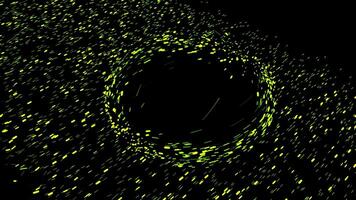 Abstract green particles flying on black background. Animation. Colorful cloud of space dust moving around black hole in outer space. video