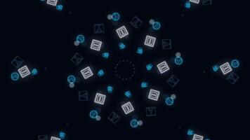 Animation of seamless loop. Animation. Abstract animation of multicolored neon social media network emojis icons rotating in spiral on the black background. video