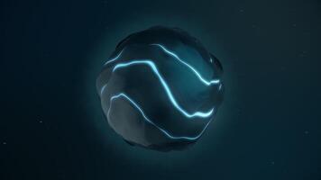 Abstract vibrating round shaped figure on black background. Animation. Wavy 3d liquid ball with bending blue shining flowing lines, seamless loop. video