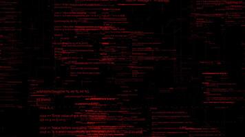 fliegend rückwärts durch das Symbole von Computer Code. Animation. abstrakt Cyberspace mit mehrere Optionen von rot Farbe auf schwarz Hintergrund, nahtlos Schleife. video