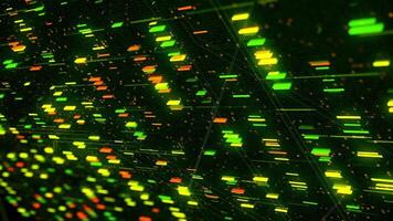 numérique Les données en mouvement sur noir arrière-plan, sans couture boucle. animation. abstrait virtuel espace avec 3d écoulement blocs de information de vert, jaune, et rouge couleurs. video