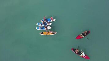 Aerial top view of young people doing standup paddleboarding. Video. Summer and vacation concept, flying over attractive men and women sup surfing on turquoise calm water background. video