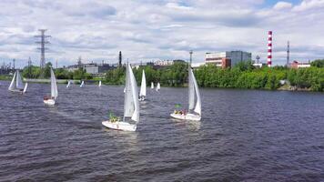 Sailing yachts on background of factories. Video. Top view of beautiful group of sailing yachts floating near coast with industrial plants video