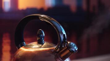 Polished kettle boiling on a gas stove in the kitchen in the evening. Concept. Close up of boiling kettle with the steam coming from metal teapot on gas oven. video