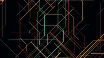 Colorful lines appear on black background and moving fast into all the sides. Animation. Narrow yellow, green, orange beams forming complex abstract pipeline. video