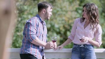 homme et femme parlant avec des lunettes de du vin sur balcon. vidéo. homme et femme parler en privé sur balcon avec des lunettes de du vin pendant fête video