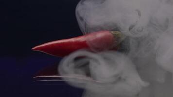 Red hot pepper in smoke. Stock footage. Close up og red hot chilly pepper lying isolated on black background in clouds of smoke, concept of cooking food. video