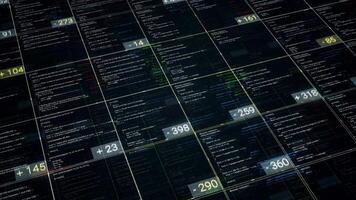 Computer codes in cells with numbers on black background. Animation. Lot of changing data in cells of table with deductions of numbers. Business table with digital data video