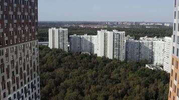 aéreo ver de residencial casas barrio en suburbano zona de el ciudad. acción. estrechamente lleno casas rodeado por verde arboles parque o pequeño bosque, alojamiento desarrollo. video