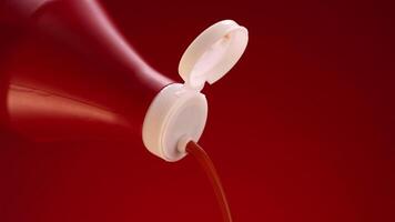 Ketchup, tomato sauce isolated on red background. Stock footage. Close up of ketchup pouring out of plastic bottle with white lid, concept of food preparation. video