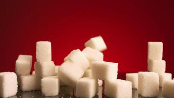 Close up of small sugar cubes falling down isolated on red background. Stock footage. Concept of sweets and unhealthy diet, pressed sugar falling down to a pile of white pieces. video