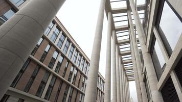 Fassade von ein Gebäude mit Marmor Säulen. Aktion. Unterseite Aussicht von ein modern architektonisch Komplex, Neu Gebäude mit Licht Beige Säulen und groß Fenster. video