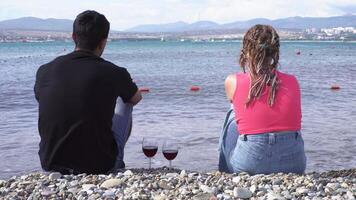 Rear view of a couple sitting at seaside with red wine glasses standing near on a summer sunny day. Media. Man in black shirt and woman with afro braids enjoying marine landscape. video