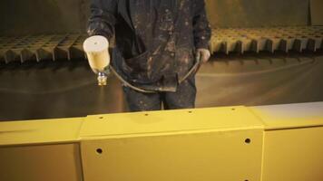 Close up of an indoor factory overhead crane transporting heavy industrial trolley. Clip. View inside of working shop at the mining plant. video