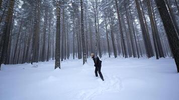 homme dansant dans hiver forêt. médias. élégant homme se déplace comme dans agrafe dans hiver forêt. tournage agrafe de rappeur dansant dans hiver forêt video