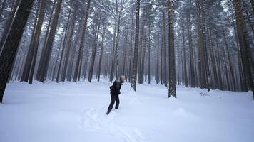 Man dancing in winter forest. Media. Stylish man moves like in clip in winter forest. Shooting clip of rapper dancing in winter forest video