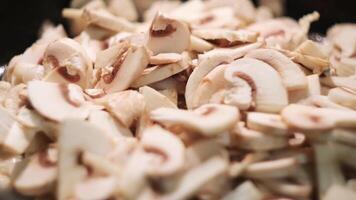 Frying chicken meat with mushrooms in a frying pan. Concept. Woman preparing delicious white chicken meet with champignons. video