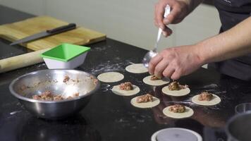 laga mat sätta mald kött på deg. konst. närbild av professionell kock applicering mald kött för dumplings. matlagning klimpar med saftig mald kött video