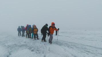 Group of climbers ascend snowy mountain. Clip. Active tourists walk in line on snowy mountainside in cloudy weather. Dangerous snow mountain climb with fog video