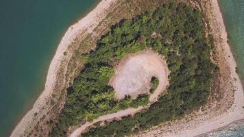 Antenne oben Aussicht von ein klein Insel mit Grün Vegetation umgeben durch Türkis Meer. Clip. Paradies Platz mit ein wild Insel bedeckt durch Sand und Grün Bäume. video