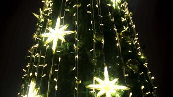 Decoration of a city festive christmas tree. Concept. Bottom view of a green New Year spruce tree illuminated by the golden garlands and glowing artificial snowflakes on black sky background. video