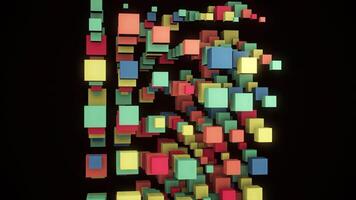 Abstract flowing blue, green, red, and yellow cubes isolated on black background. Animation. Rotating vertical rows of colorful 3D cubes, seamless loop. video