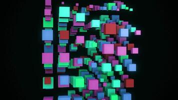 Abstract flowing blue, green, and pink cubes isolated on black background. Animation. Rotating vertical rows of colorful 3D cubes, seamless loop. video