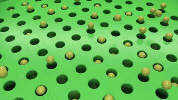 Rotating field of green color with black holes and jumping balls. Animation. Yellow spheres flying above rotating texture, seamless loop. video