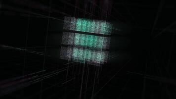 3D spinning cube in the computing core with interchanging Information streams. Animation. Volumetric pattern with a green cube made of millions of tiny particles shimmering on black background video