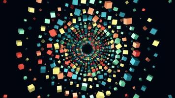 Computer generated abstract geometric cube shapes, unreal constructions. Animation. Seamless loop optical illusion with many circles of colorful cubes flying away on black background. video