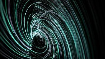 Abstract spiral rotating glowing blue and turquoise lines. Animation. Beautiful whirl with flying bending rays on black background, seamless loop. video