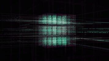 3D spinning cube in the computing core with interchanging Information streams. Animation. Volumetric pattern with a green cube made of millions of tiny particles shimmering on black background video