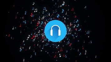 Abstract symbol of headphones surrounded by musical notes on a black background, seamless loop. Animation. Many small notes spreading all over the screen, music lifestyle design. video