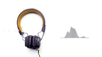 Full size headphones isolated on white background with moving equalizer graphs and glitch effect, seamless loop. Animation. Concept of electronic music. video