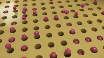 inusual, hermosa 3d resumen rosado pelotas que cae dentro el agujeros animación. giratorio amarillo textura con esferas volador fuera de filas de agujeros y que cae dentro a ellos. video