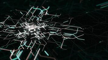 abstract technologie achtergrond van LED scherm met in beweging strepen en energie. animatie. stroomkring bord met elektrisch signalen vloeiende snel in verschillend routebeschrijving Aan zwart achtergrond. video