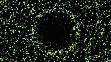 abstrakt Visualisierung von ein schwarz Loch in äußere Raum. Animation. Ring erstellt durch Millionen von bunt Punkte Verbreitung alle Über das Bildschirm. video