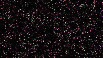 Abstract colorful bubbles flowing chaotically on black background, seamless loop. Animation. Festive pattern with confetti particles, seamless loop. video